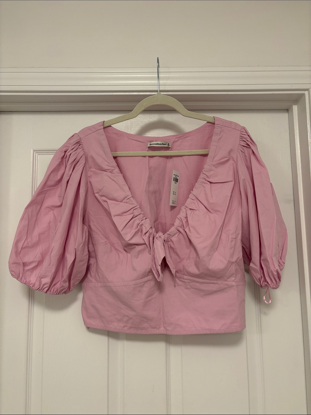 Abercrombie & Fitch Pink Puff-Sleeve Tie-Front Crop Top